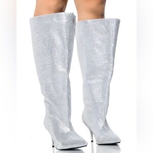 AZALEA WANG Silver Rhinestone Knee High Boots